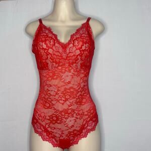 Red Lace Bodysuit M Floral Sheer Lingerie V Neck Adjustable Straps Romantic